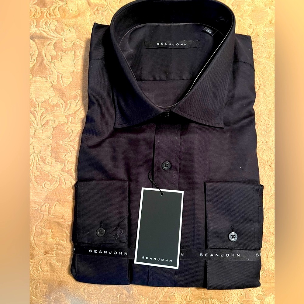 $74.50 Sean John Men's Size 18 35/36 Dress Shirt Black  Solid Button-Down Seamed